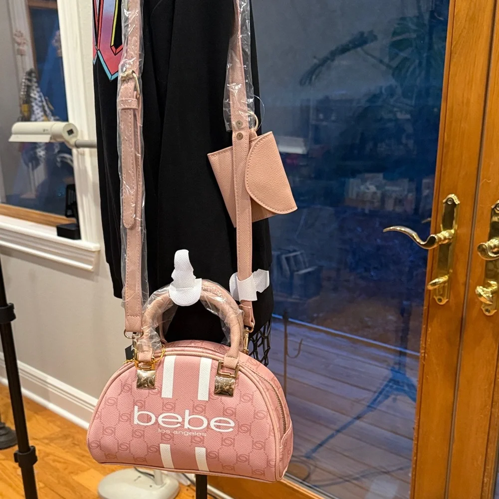 Bebe Los Angeles Pink Monogram Satchel Crossbody Bag with Coin Purse Rose Stripe